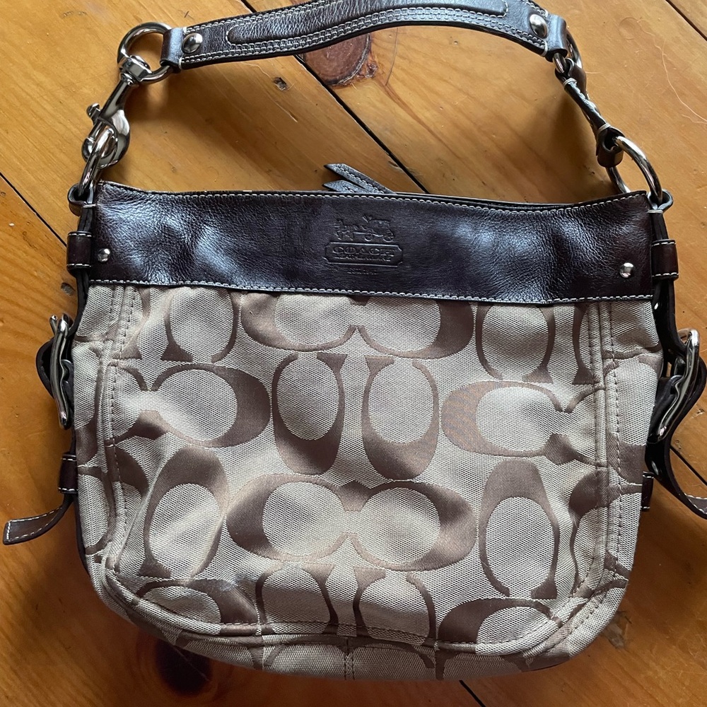 COACH Zoe Brown Signature Canvas Leather Trim Shoulder Bag